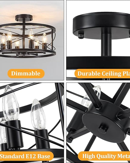 TOULMJ 6-Light Black Semi Flush Mount Ceiling Light, 16.53'' Modern Entryway Light Fixtures, Farmhouse Light Fixtures Ceiling Lamp for Kitchen Island Laundry Hallway Dining Room