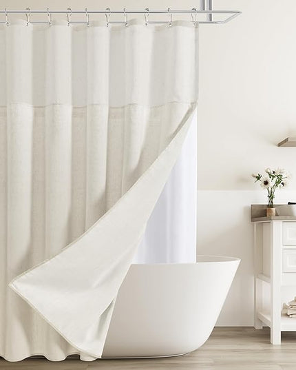 Naturoom Long Shower Curtain with Liner 78 Length Beige Linen Shower Curtain and Liner Set Heavy Duty Textured Cloth Cream Burlap Double Bath Curtains with Mesh Top Window Country Style Decor