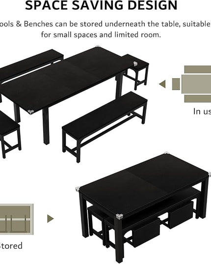 iPormis Dining Table Set for 4-8 People, Extendable Kitchen Table with 2 Benches and 2 Square Stools, Classic Black Dining Room Table with Stable Metal Base, Space Saving