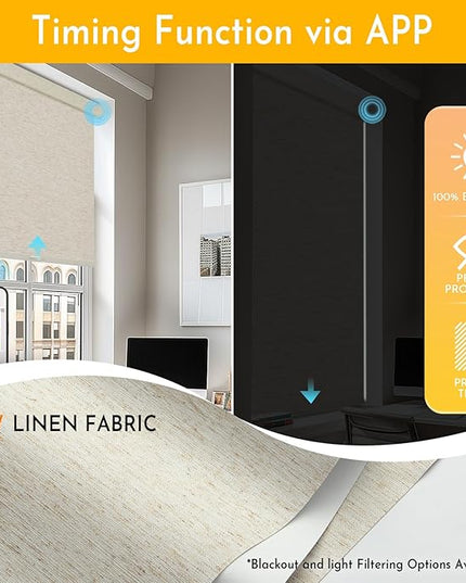 Persilux Smart Motorized Blinds with Remote, No Drill Automatic Roller Shades for Indoor Windows, Blackout Linen Fabric, Electric Blinds for Windows, Linen Cream C156BO-1, Custom Size