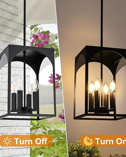 VINLUZ Large Outdoor Indoor Pendant Light 4-Light, Classic Black Finish Metal Chandelier Outside Hanging Fixture Ceiling Mount with Clear Glass Shade for Front Porch Entrance Foyer