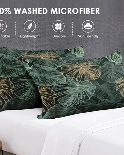 Twin Size Comforter Set with Pillowcase, Green Tropical Leaves 2 Pcs Bedding for Kids and Adults, Monstera Palm Leaf Soft Comforter Set for Bedroom Bed Decor