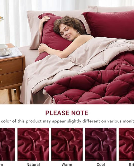 MUXHOMO 7 Pieces California King Comforter Set, Reversible Bed in a Bag Cal King Size, All Season Bedding Set with Comforter, Flat Sheet, Fitted Sheet, Pillowcases & Shams, Burgundy & Rose Gold