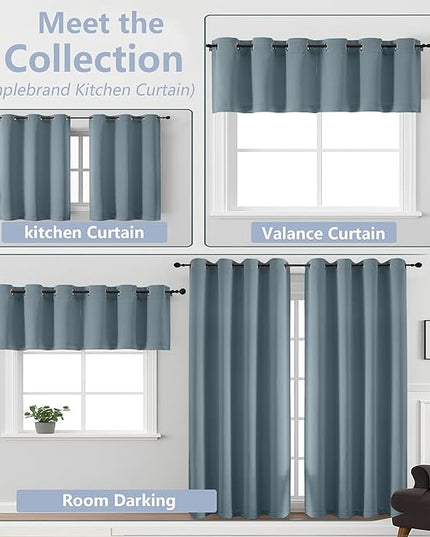 Simplebrand Stone Blue Short Cafe Curtains 36 Inch Length 2 Panels Set, Half Window Grommet Privacy Drape Tiers for Kitchen, Thermal Insulated Room Darkening Curtains for Bathroom Shades, W40 x L36