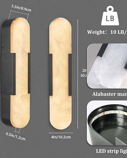 Alabaster Wall Sconce, 20" Natural Marble Wall Sconce, Black Alabaster Sconces Set of Two, Indoor Modern Bathroom Sconces Wall Lighting for Living Room, Bedroom, Hallway, Stairs