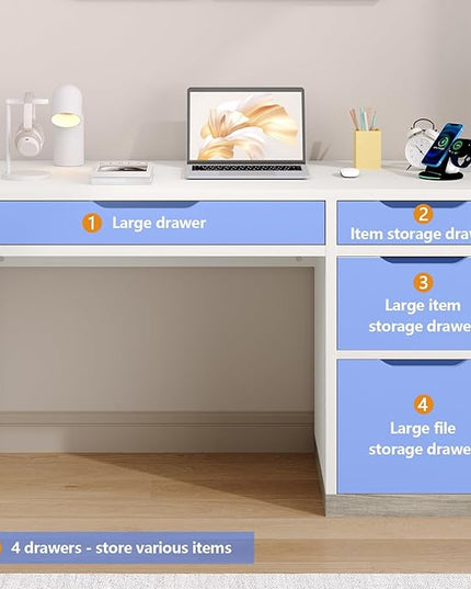 52 Inch White Desk with 4 Drawers, Computer Desk with Storage for Small Spaces with Storage File Cabinet, Small Home Office Desk with Drawers for Bedroom