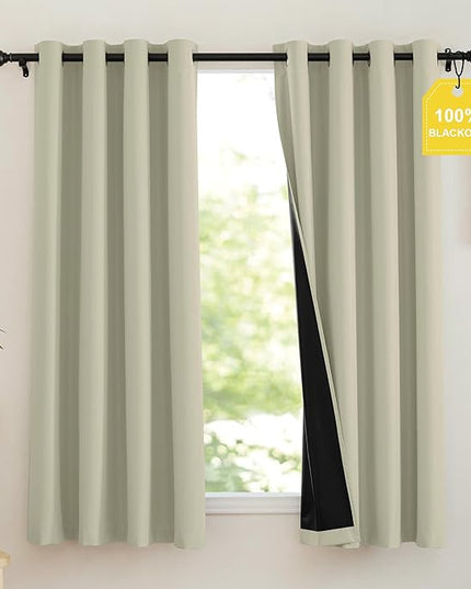 NICETOWN 100% Blackout Portable Curtains, Grommet Total Privacy Window Treatments Thermal Curtains Lightweight Travel Blackout Shades for Bedroom/Hotel, Muted Beige, W52 x L63, 2 Panels