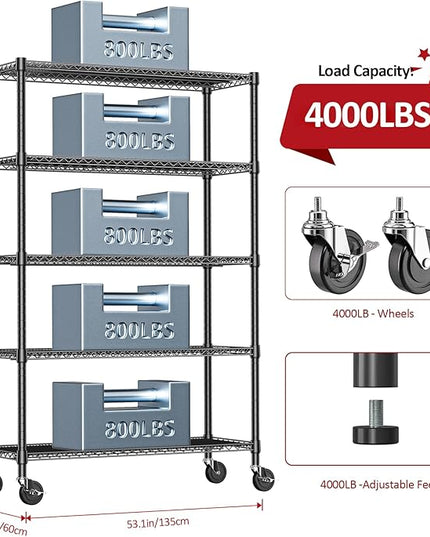 IZEUK Garage Shelving Wide Storage Shelves 5 Tier Metal Shelves 4000 LBS Heavy Duty Adjustable Utility Shelf Rack Black 23.6" D x 53.1" W x 73.6" H