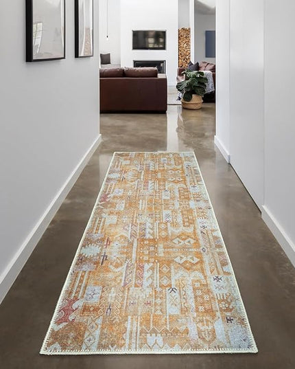 GLN Rugs Bohemian Collection - Machine Washable Area Rug, Bohemian Vintage, Non Slip, Low Pile Chenille Rug, Living Room, Bedroom, Bathroom Rug (2'6"x7' Yellow)