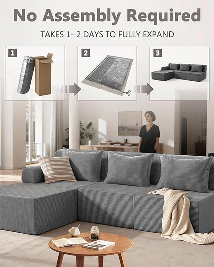 93" Sectional Couches for Living Room, Modular Sectional Sofa, Cloud Couch with L-Shape Chaise, Boneless Couches, Comfy Corduroy Fluffy Couch with Deep Seat, No Assembly Required, Grey