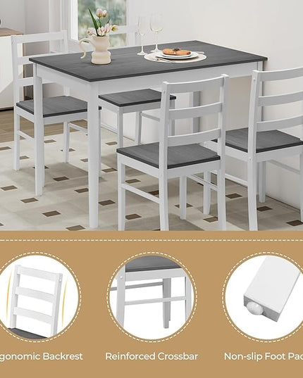Tangkula Dining Table Set for 4, Farmhouse Solid Wood Dinette Set w/Rubber Wood Legs, Compact Wooden Dining Table and Chairs Set for Kitchen, Dining Room (Grey+White)