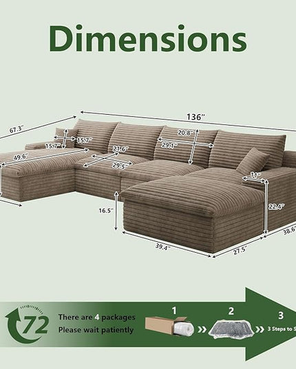 136" Cloud Couch Modular Sectional Sofa for Living Room, U-Shape Boneless Couch with Deep Seat, Modern Corduroy 4-Seater with Ottoman, No Assembly Required (Camel,Left-Facing Chaise)