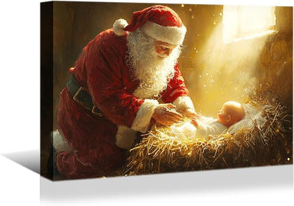 YONICA Christmas Wall Decor Nativity Santa Canvas Wall Art Home Decorations 16x12 Inches - Santa Pictures Jesus Prints Winter Painting Xmas Artworks for Living Room Bedroom