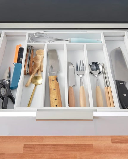 Expandable Bamboo Kitchen Drawer Organizer for Cutlery and Utensils, Adjustable Bamboo Wood Cutlery Tray in Drawer for Flatware and Silverware in Kitchen, (White)