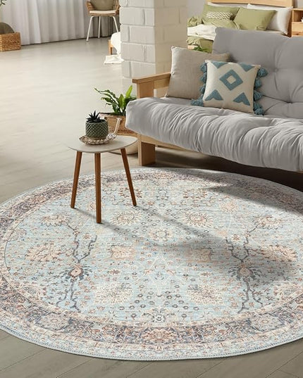 GLN Rugs Traditional Collection - Machine Washable Area Rug, Traditional Washable, Non Slip, Low Pile Chenille Rug, Living Room, Bedroom, Kitchen Rug (5'3" Round Blue Floral)
