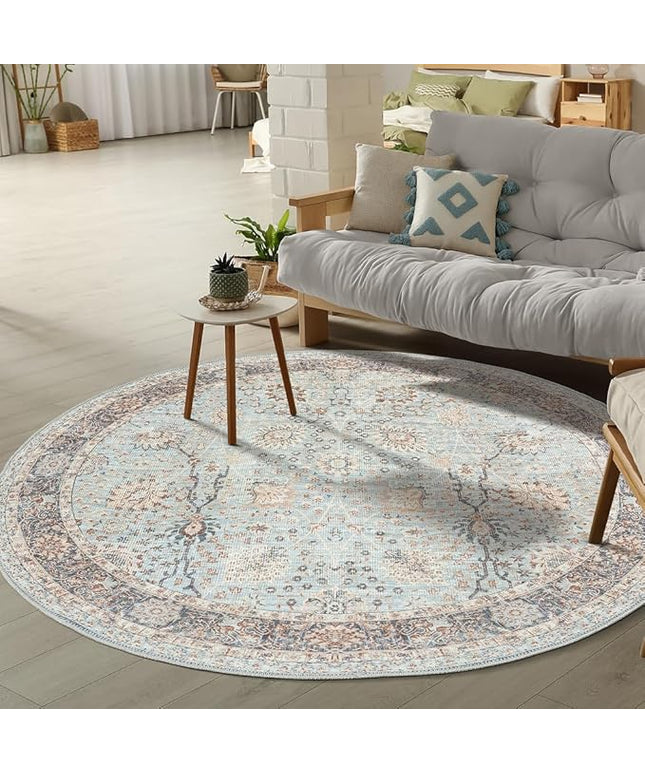 GLN Rugs Traditional Collection - Machine Washable Area Rug, Traditional Washable, Non Slip, Low Pile Chenille Rug, Living Room, Bedroom, Kitchen Rug (5'3" Round Blue Floral)