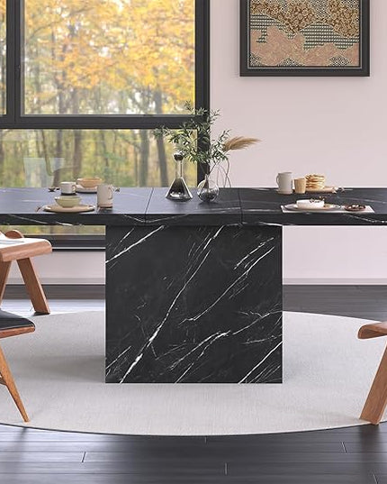 HSH 55 inch Dining Room Table for 4, Modern Black Faux Marble Dining Table, Rectangle Kitchen Table with Heavy Duty Pedestal, Industrial Wood Dinner Desk for Home Living Room, Black Marble, 55 Inch