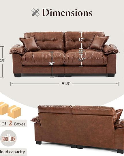 Faux Leather Sofa, Mid Century Modern Deep Loveseats, Comfy Cloud Couch, Tufted Pillow Top Arm Furniture for Living Room, Apartment, Cognac Brown