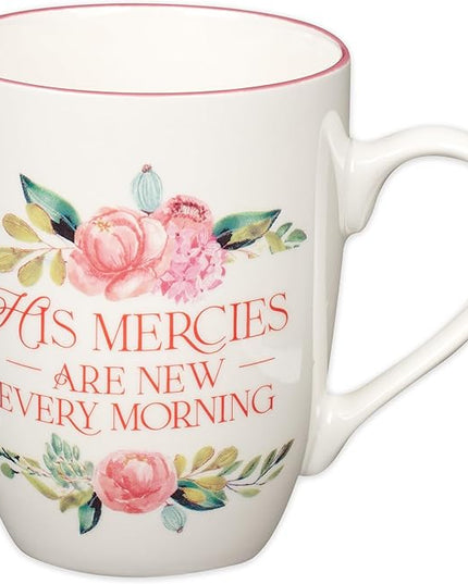 Christian Art Gifts Inspirational Ceramic Coffee & Tea Mug for Women: Mercies are New Every Morning Encouraging Bible Verse, Microwave & Dishwasher Safe Novelty Drinkware, White & Pink Floral 12 oz.