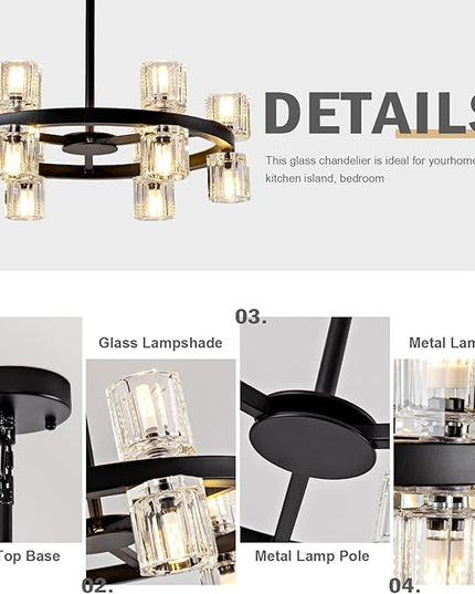 18'' Modern Large Chandelier, 12-Light Elegant Crystal Chandeliers for Dining Room, Black Farmhouse Round Wagon Wheel Pendant Lighting Fixture with Glass Shade for Living Room High Ceilings Entryway