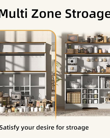 Farmhouse Coffee Bar Cabinet with 3 Tier Storage Hutch, 47'' Coffee Bar Station with Sliding Barn Door, Hutch Storage Cabinet with 9 Wine Racks & 9 Hooks for Kitchen Dining Living Room