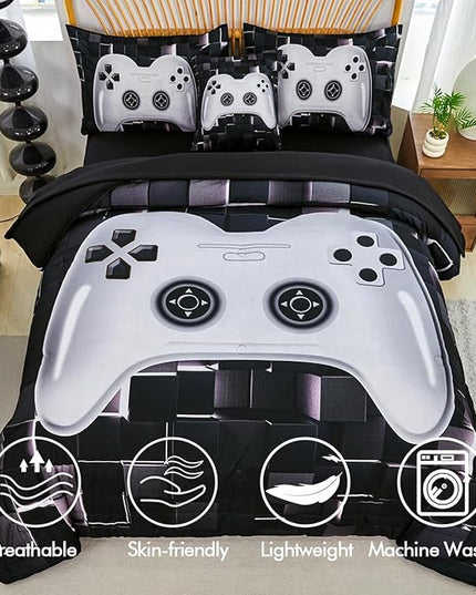 PERFEMET 6 Pcs Kids Bedding Sets for Boys Twin Size Black White Gamer Comforter with Sheet Set Soft Fluffy Gaming Bed Set Lightweight Comfy Game Bed in A Bag for All Season(White, Twin)