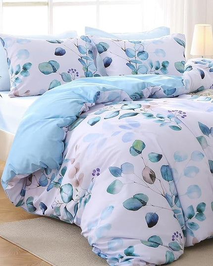 MUXHOMO Full Comforter Set, Blue Elegant Floral Print Bed in a Bag 7 Pieces, Ultra Soft & Breathable Reversible Botanical Pattern Bedding Set with Comforter, Sheets, Pillowcases, and Shams