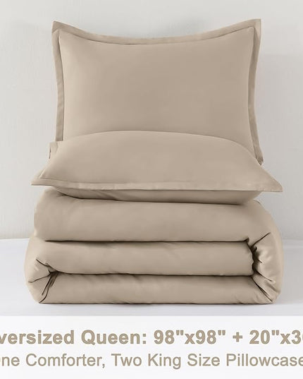 Litanika Comforters Khaki Oversized Queen Size, 3 Pieces Lightweight Solid Bedding Comforter Set, All Season Fluffy Bed Set (98x98In Comforter & 2 Pillowcases)