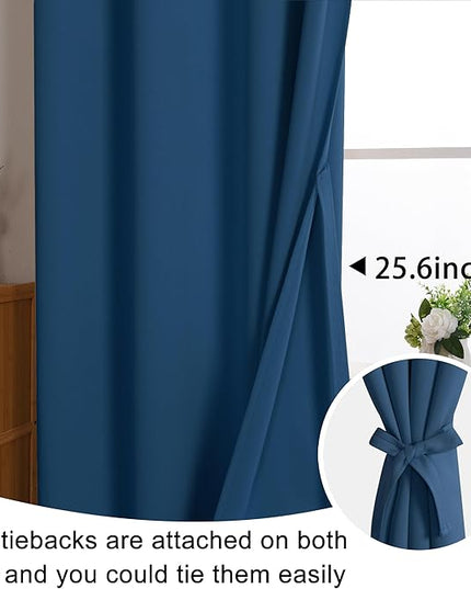 JIUZHEN Blackout Curtains for Bedroom - Thermal Insulated Room Darkening Rod Pocket Curtains for Living Room, Set of 2 Panels with Tiebacks，38x45 Inch Length, Classic Blue