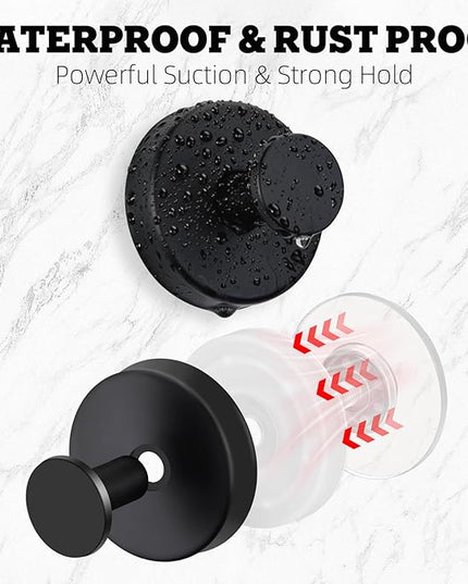 4 Pack Suction Cup Hooks for Shower - Stainless Steel Towel Hooks for Bathroom, Removable Shower Hooks for Bathroom Mirror Window Glass Wall Robe Looafh, Waterproof, Black