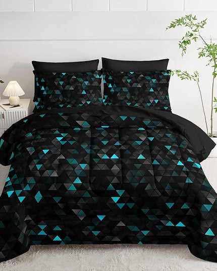Geometric Turquoise Black Triangle King Comforter Set, Light Honeycomb Bedding Set 7 Piece in A Bag,Bed Sheet Set Geometry Decor,Microfiber Lightweight All Season