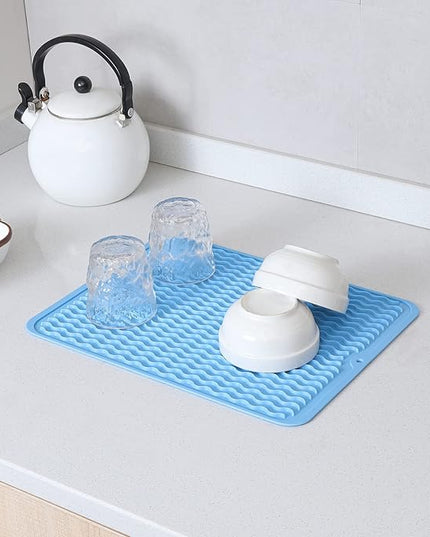Silicone Dish Drying Mat for Multiple Usage,Easy clean,Eco-friendly,Heat-resistant Silicone Mat for Kitchen Counter or Sink,Refrigerator or drawer liner Light Blue L 16 inches x 12 inches