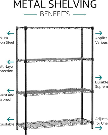 IZEUK 1400 LBS Garage Black Shelving Wide Storage Shelves 4 Tier Adjustable Heavy Duty Metal Wire Rack Standing Shelf Unit for Kitchen Office College Dorm Garage Warehouse 15.8" x 45.8"x 59.4"