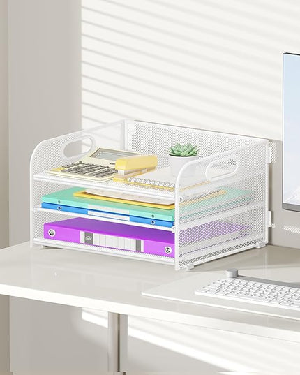 3 Tier Paper Organizer with Handle, Metal Desk Organizer Mesh Paper Letter Tray Desktop File Folder Document Sorter for Classroom, School, Office Accessories Organization and Storage - White