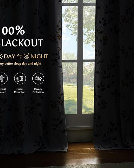 Beauoop Floral 100% Blackout Curtains 54 Inch Length 2 Panels for Bedroom Living Room Yellow Grey and White Flower Patterned Room Darkening Thermal Soundproof Grommet Window Treatments Drapes, 52X54