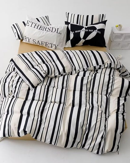 Luxlovery Black and White Comforter Set Full Striped Beige Black Bedding Comforter Men Modern Vertical Stripe Blanket Quilts Fashion Geometric Soft Breathable Comforter Sets for Adults Teens