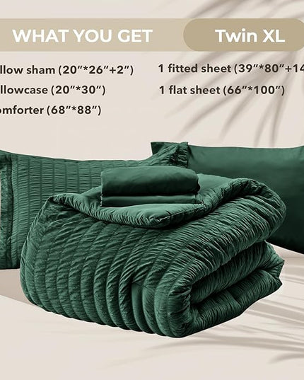 HYMOKEGE Emerald Green Twin XL Comforter Set Seersucker 5 Pieces, All Season Luxury Bed in a Bag for Bedroom, Bedding Set with Comforter, Sheets, Pillowcase & Sham