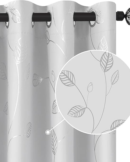 BUHUA Heat Blocking Curtains, Black Out Curtains 72 Inch Long 2 Panels Burg, Soundproof Curtains with Silver Leaf Printed (52 x 72 Inch,Greyish White,Set of 2 Panels)