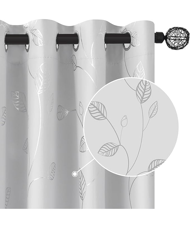 BUHUA Heat Blocking Curtains, Black Out Curtains 72 Inch Long 2 Panels Burg, Soundproof Curtains with Silver Leaf Printed (52 x 72 Inch,Greyish White,Set of 2 Panels)