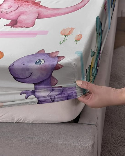 AILONEN Kids Cartoon Dinosaur Fitted Sheet Set for Boys,Girls,Colorful Dinos Bedding Set, Queen Size, Lovely Dinosaur Bed Sheet Set,3-Piece 1 Sheet Set + 2 Pillowcases