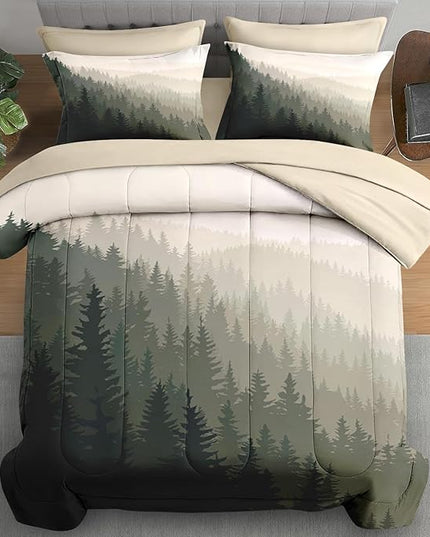 Comforter Set Full Size, Mountain Pine Tree 7 Pcs Bedding for Kids and Adults, Natural Forest Landscape Bed Sheet Sets with Fitted Sheet 2 Pillowcases & 2 Shams