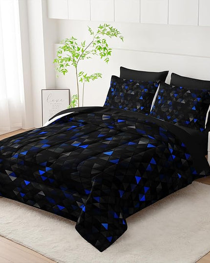 Geometric Blue Black Triangle Twin Size Comforter Set,Light Honeycomb Bedding Set 7 Piece in A Bag,Bed Sheet Set Geometry Decor,Microfiber Lightweight All Season