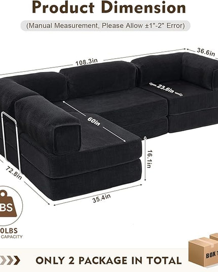 108" L Shaped Couch, Modular Sectional Sofa with Chaise, Cloud Boneless Couch with Deep Seat & Removable Pillow for Living Room, Bedroom,No Assembly Required（Black）