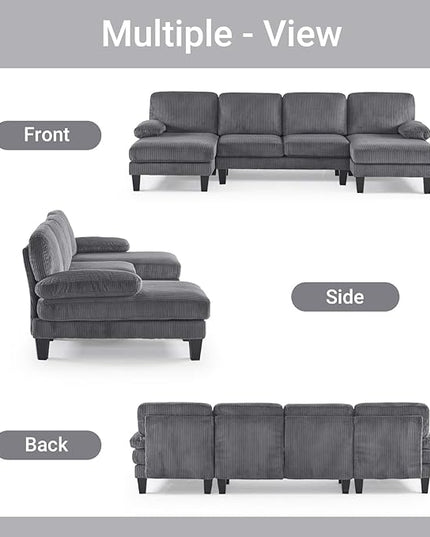 VINGLI 110" Sectional Couches for Living Room,U Shaped Couch with Double Chaise, 4-Seat Sofa Set with Corduroy Fabric for Home Furniture,Grey