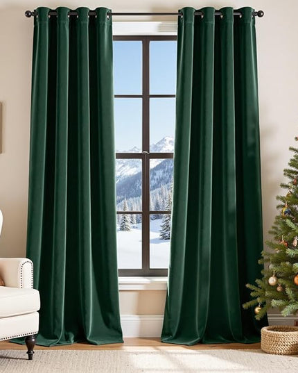 Lazzzy Blackout Velvet Green Thermal Insulated Curtains 108 Inch Extra Long Drapes for Bedroom Living Room Window Treatments Grommet Luxury Drapes Set of 2 Panels Emerald Green