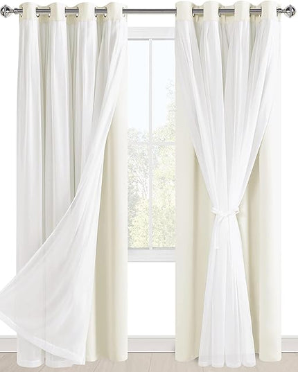 Hiasan Blackout Curtains with Sheer Overlay, Grommet Thermal Insulated Mix & Match Double Layer Window Curtains for Bedroom, Living Room, 2 Drape Panels Sewn with Tiebacks, Ivory, 52W X 84L