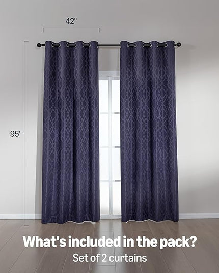 Amazon Basics Jacquard 2-Piece 100% Blackout Curtains, Living Room and Bedroom Drapes, Thermal Insulated Window Treatment, 42"x95", Dark Blue