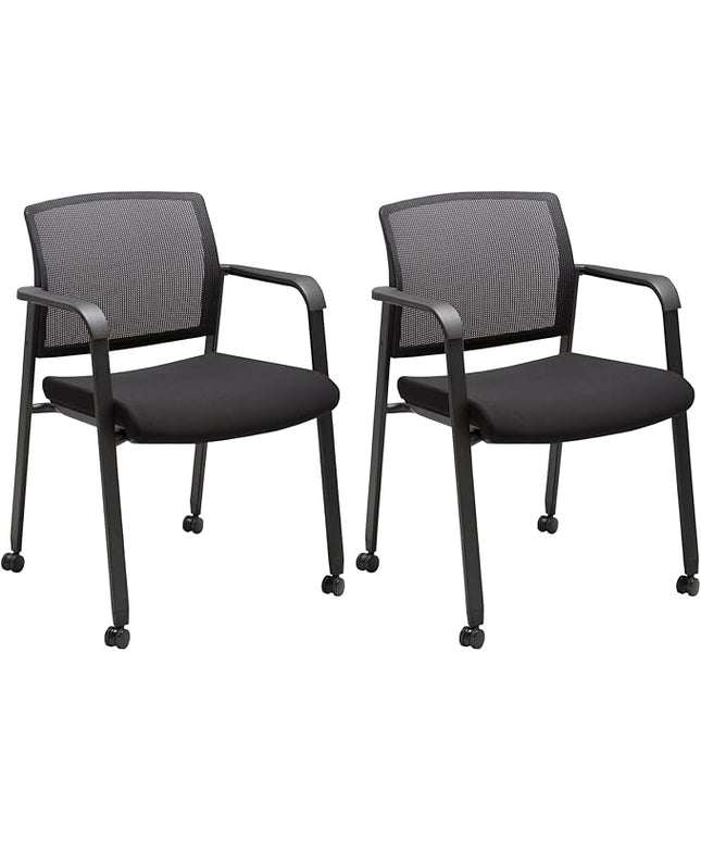 CLATINA Black Waiting Room Chair with Wheels Mesh Back Stacking Arm Chairs with Upholstered Fabric Seat and Ergonomic Lumbar Support for Office School Church Guest Reception
