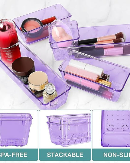 10 PCS Drawer Organizer Set, 4 Varied Size Bathroom and kitchen Drawer cabinet organizer Trays, Clear Storage Bins for Makeup, Jewelry, Utensils and Gadgets, Purple