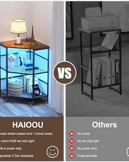 HAIOOU Corner Printer Stand Table with Power Outlet Charging Plugs USB Port & LED Lights, 3-Tier Corner Table with Wheel, Metal Frame Adjustable Storage Shelf for Home Office Kitchen